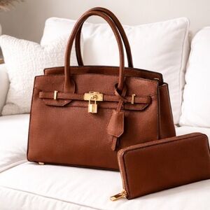 TU.LX Madison 2Piece Leather Birkin-Style Bag Wallet & Crossbody Strap Brown